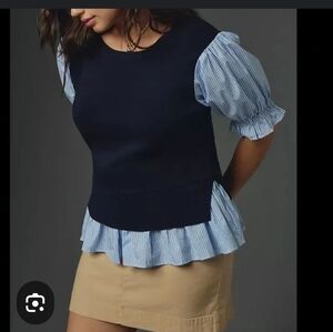 By Anthropologie Layered Poplin-Sleeve Sweater Top Navy Blue + Stripes Size SM